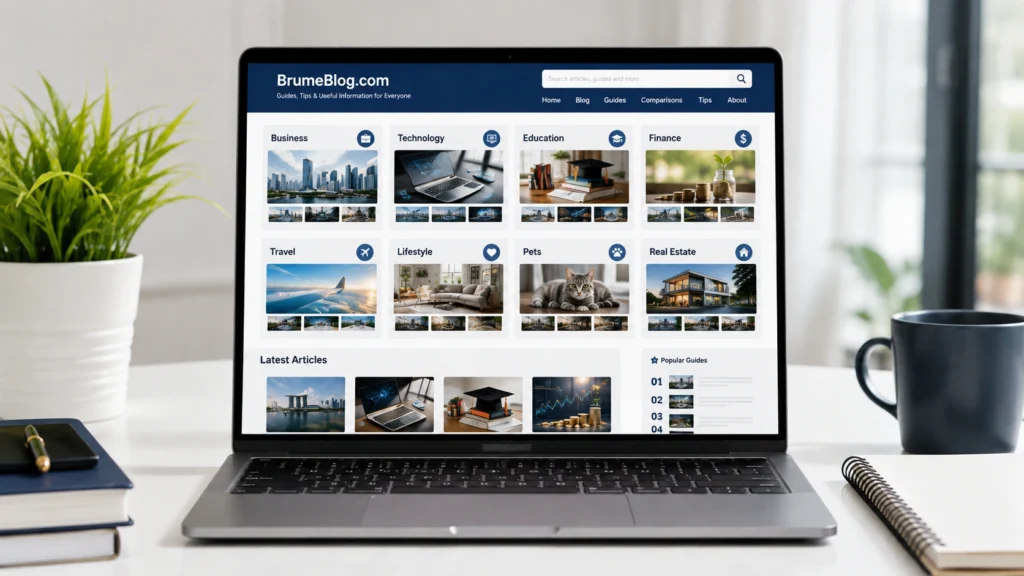 BrumeBlog.com homepage featuring Business, Technology, Education, Finance, Travel, Lifestyle, Pets and Real Estate categories