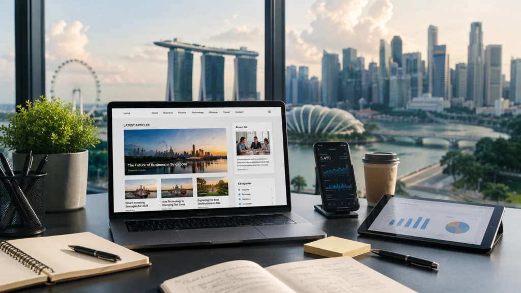 Modern Singapore workspace with laptop, digital blog interface, smartphone, tablet and city skyline
