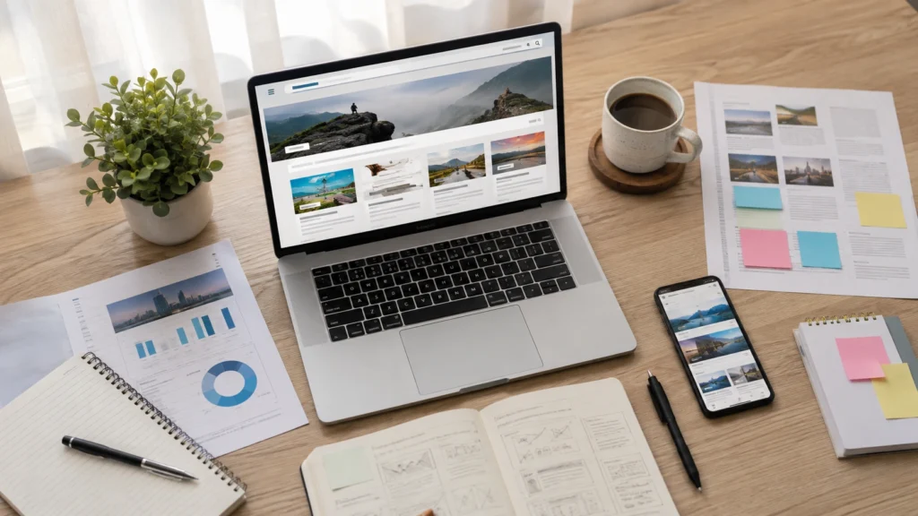 Realistic overhead workspace with laptop, research notes, notebook, smartphone and blog planning materials