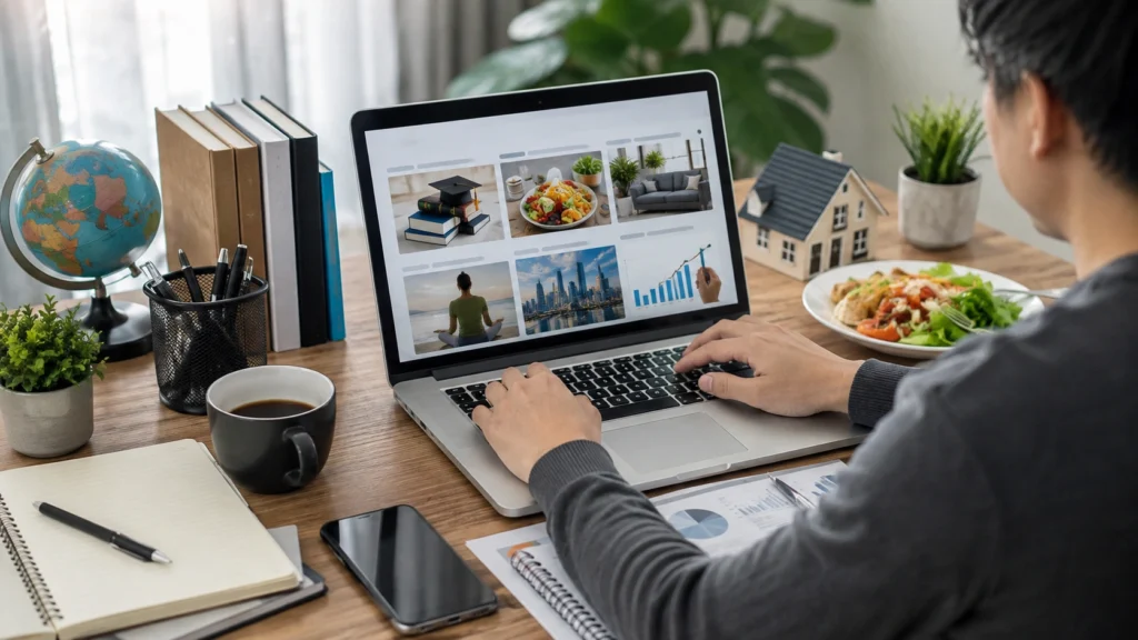 Person researching useful online content on a laptop in a modern workspace with education, food, home, lifestyle and business themes