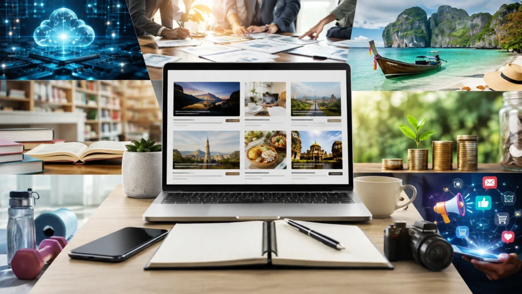 Realistic digital content collage representing technology, business, travel, education, finance, lifestyle, and digital marketing around a modern laptop.