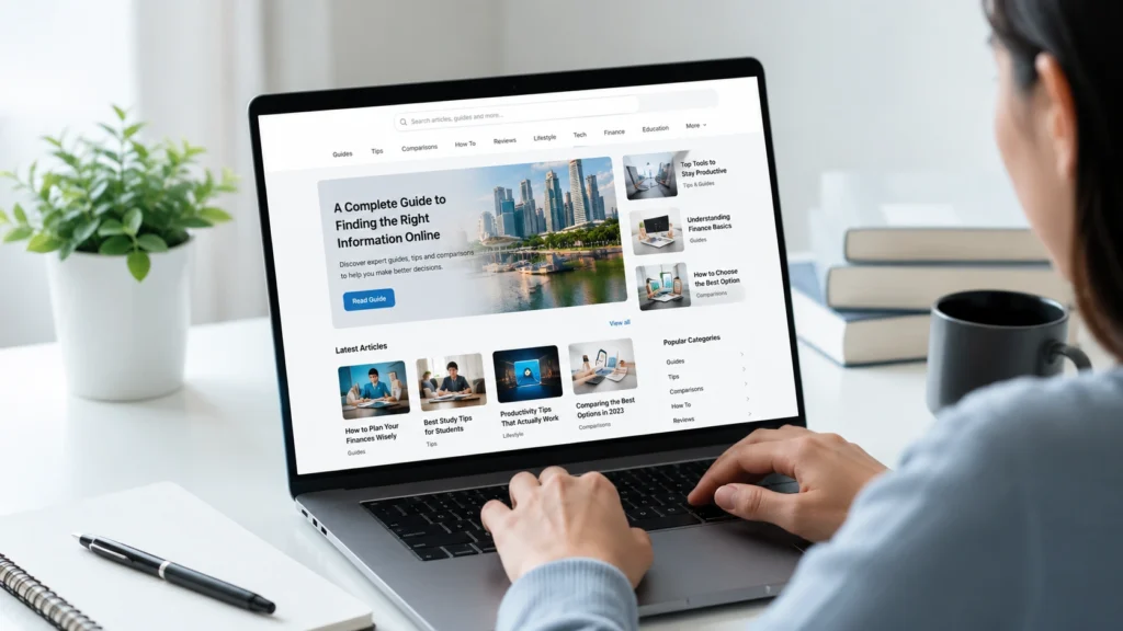 Modern workspace with a laptop displaying a generic blog website featuring guides, tips, comparisons, categories, search, and informational articles.