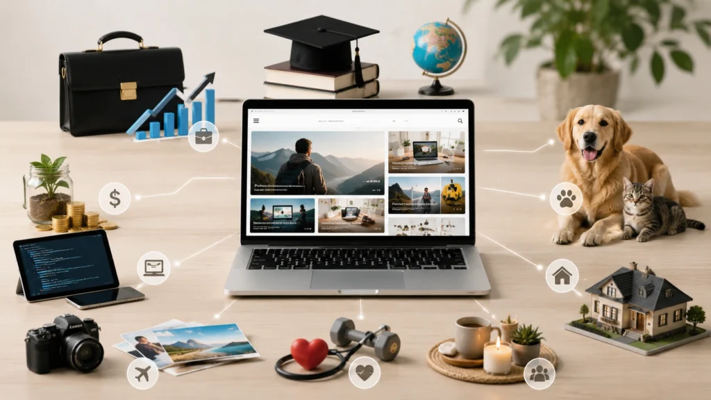 BrumeBlog multi-topic blog concept with a laptop surrounded by business, finance, technology, education, travel, health, lifestyle, pets and real estate elements.
