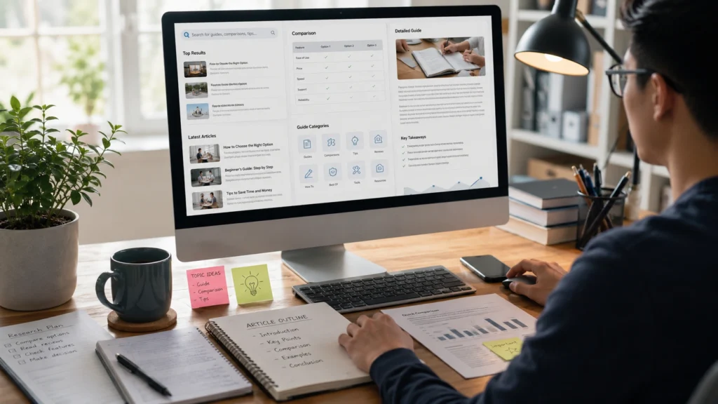 Modern desktop workspace showing online research, blog articles, comparison charts, practical guides, and notes