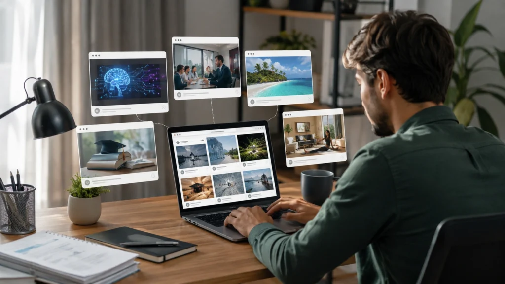 Person researching multiple online topics on a laptop in a modern home office