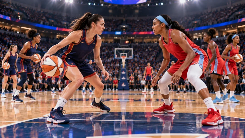 Indiana Fever vs Atlanta Dream women’s basketball teams warming up before a professional game