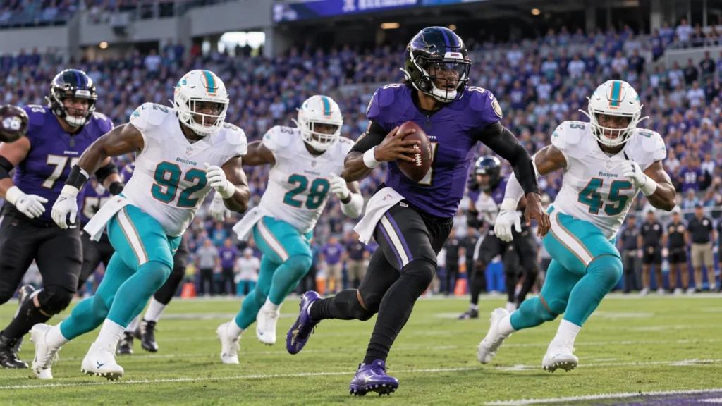 Ravens vs Dolphins inspired quarterback running from defensive pressure during an American football game