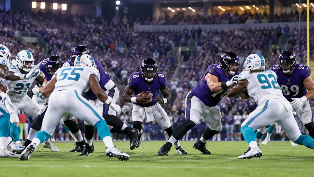 Baltimore Ravens vs Miami Dolphins football game with players competing at the line of scrimmage