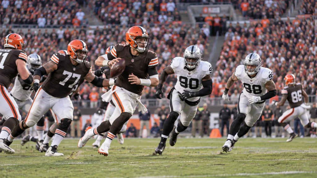 Browns vs Raiders inspired quarterback escaping defensive pressure during an American football game