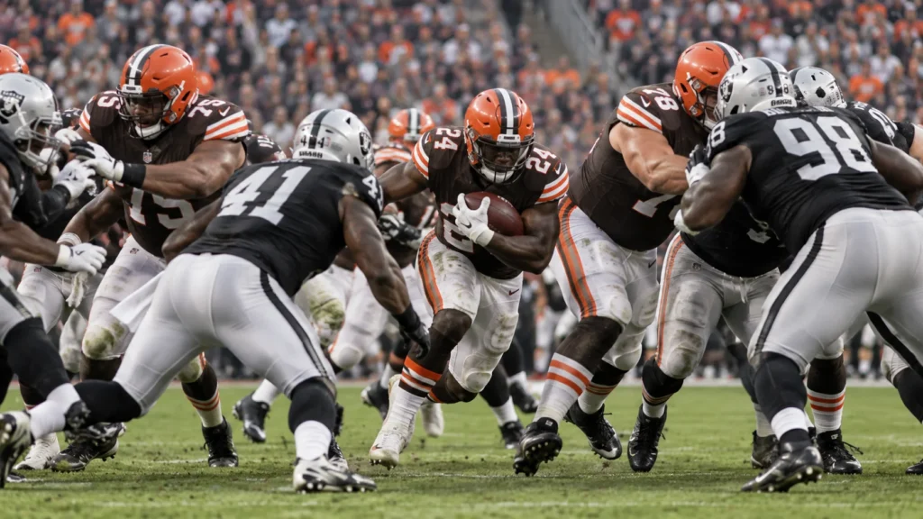 Cleveland Browns vs Las Vegas Raiders football game with a running back carrying the ball through the defense