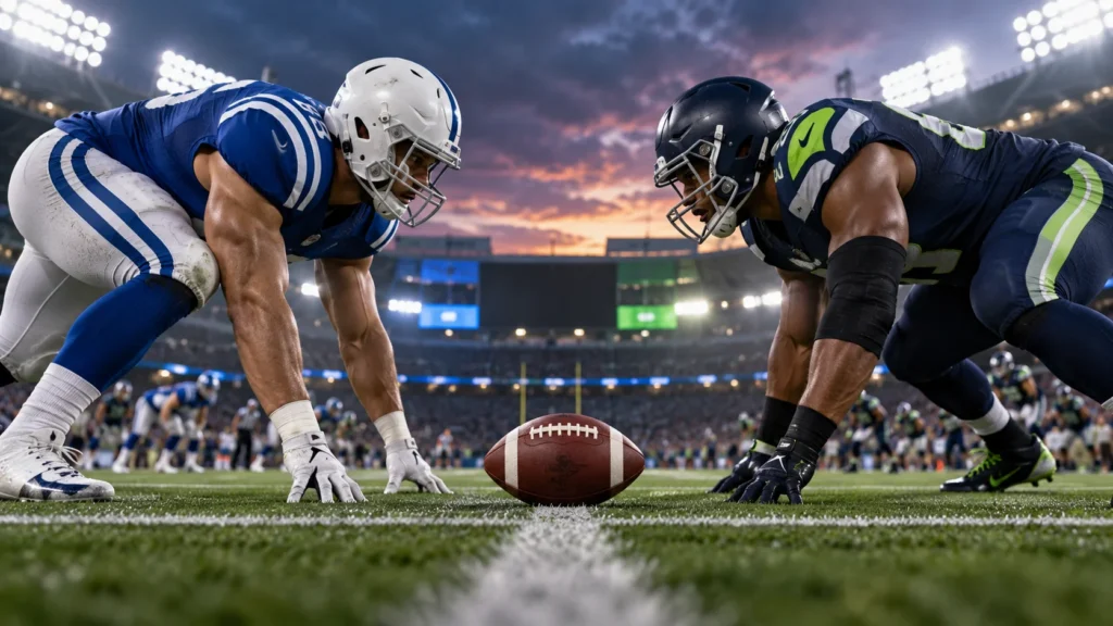 Colts vs Seahawks head-to-head football matchup with opposing players facing off at midfield