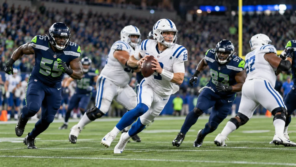 Colts vs Seahawks inspired quarterback escaping defensive pressure during an American football game