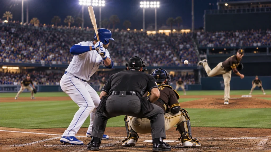 Dodgers vs Padres baseball rivalry with Los Angeles-inspired batter facing San Diego-inspired pitcher