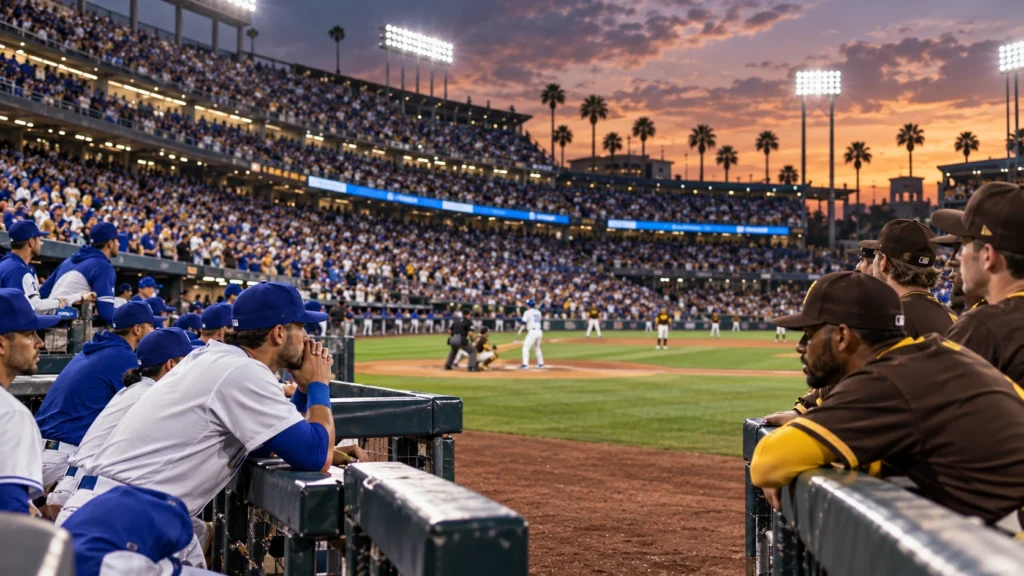 Dodgers vs Padres rivalry atmosphere during a tense late-inning baseball game in Southern California.
