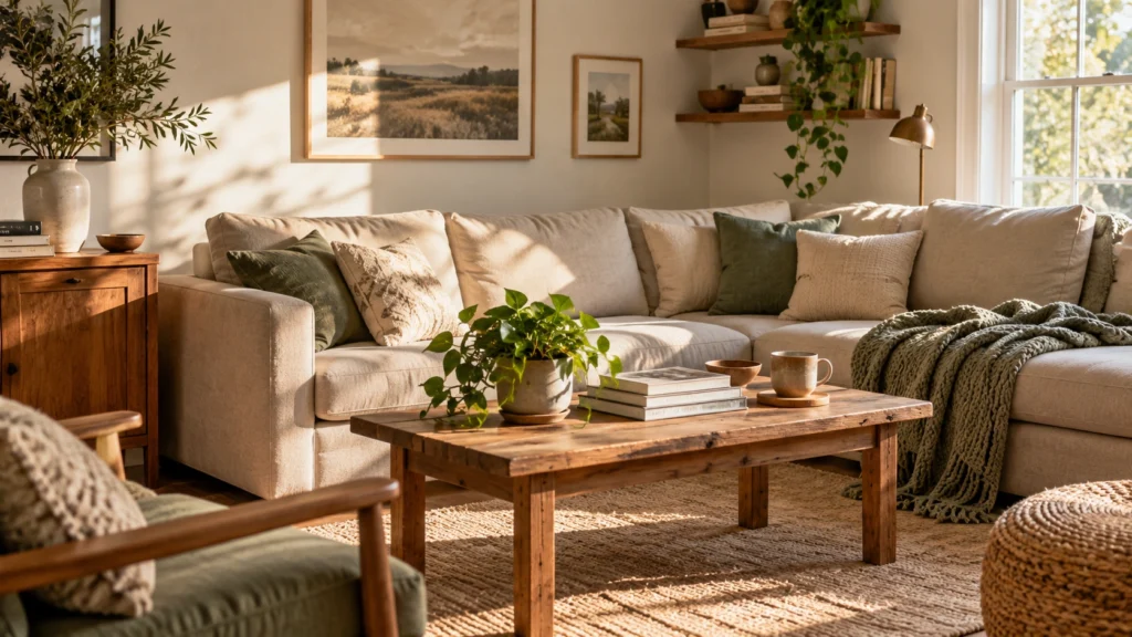 Cozy modern living room with a neutral sofa, wooden coffee table, indoor plants, and warm natural sunlight.