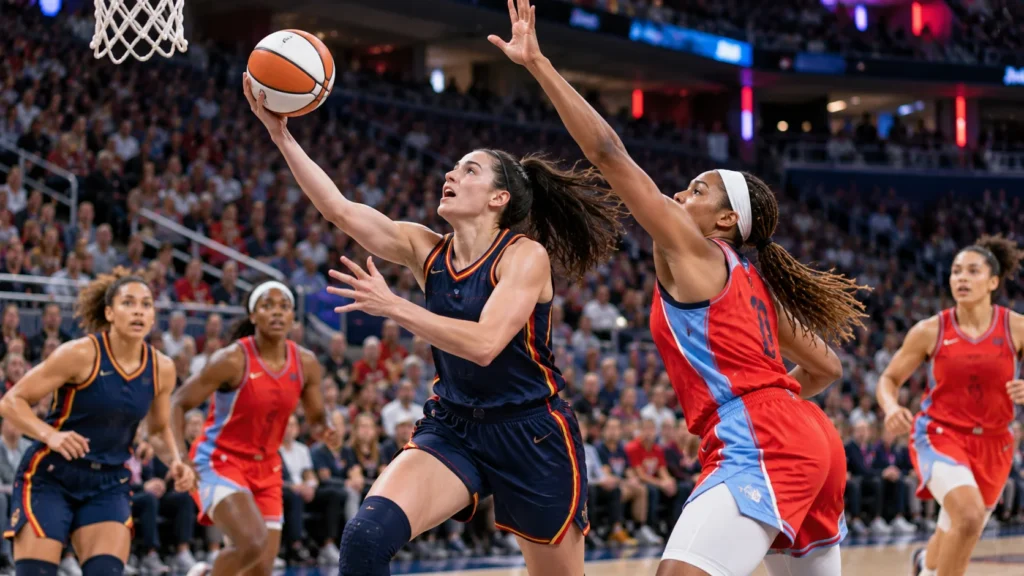 Fever vs Dream inspired women’s basketball player driving toward the basket against a defender