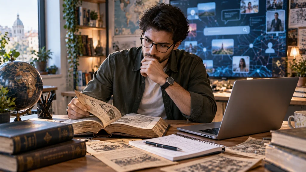 Incfidelibus Origin and Meaning Research Researcher investigating the possible origin and meaning of Incfidelibus using historical books and online sources