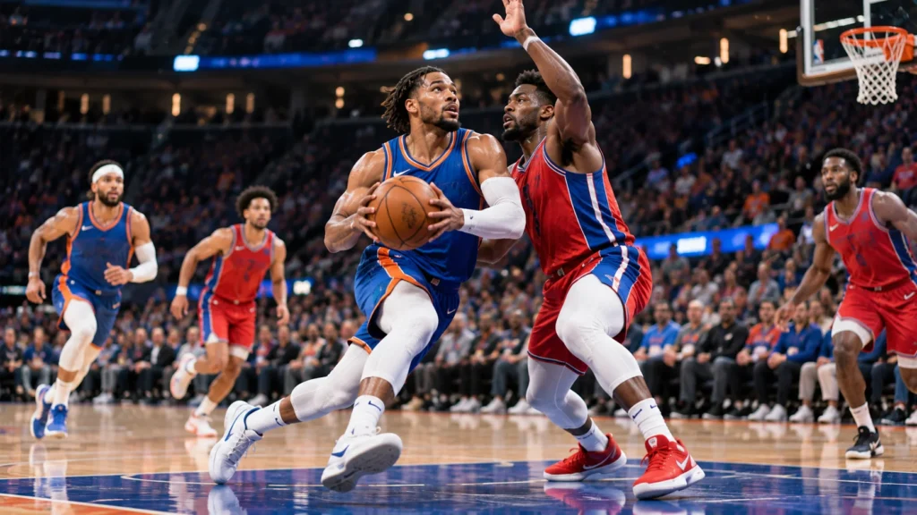 Knicks vs Pistons Basketball Matchup Knicks vs Pistons inspired basketball player driving toward the basket against a defender