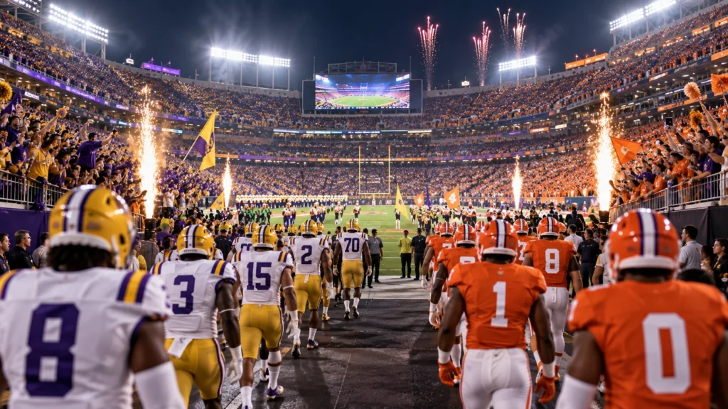 LSU vs Clemson football rivalry atmosphere with purple and gold and orange and white players entering a packed stadium.