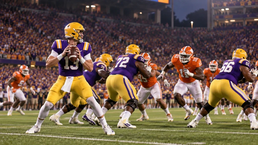 LSU vs Clemson college football action with a purple and gold quarterback preparing to pass against orange and white defenders.