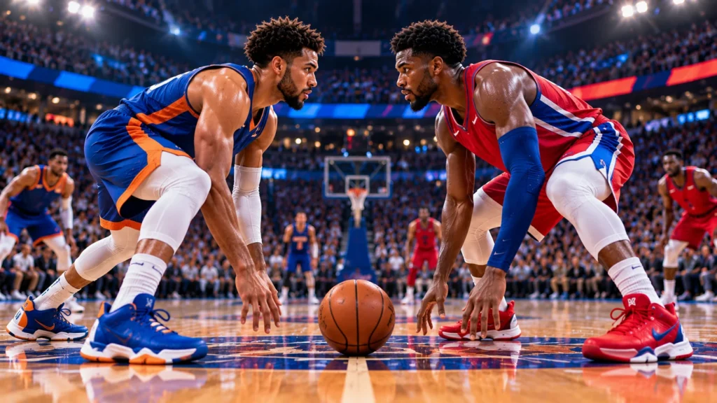 Knicks vs Pistons Basketball Matchup Knicks vs Pistons basketball matchup with opposing players facing off at center court