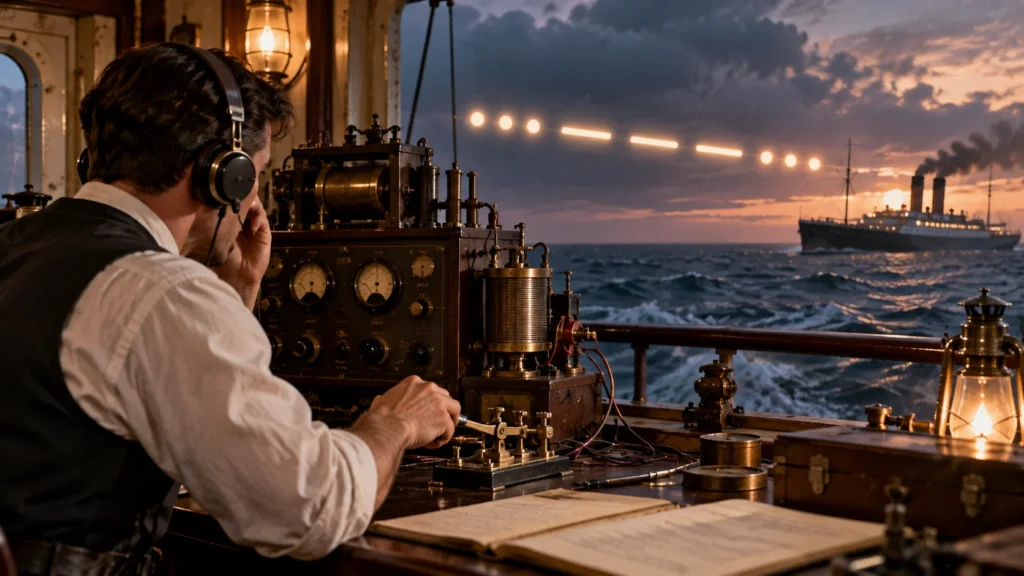Early 1900s wireless telegraph operator sending an SOS distress signal using Morse code aboard a ship
