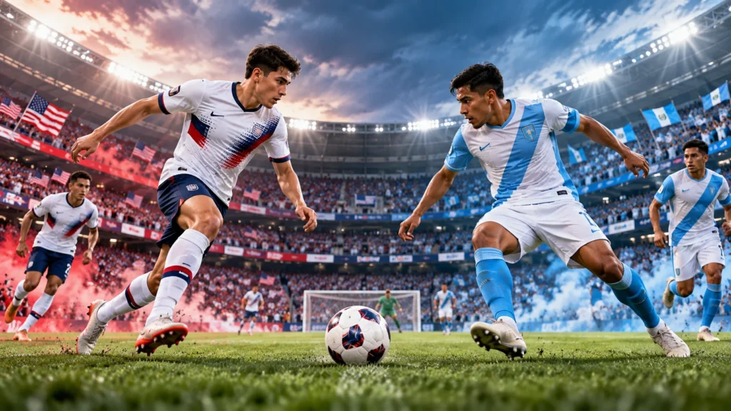 USA vs Guatemala soccer match with opposing players competing for the ball in a packed stadium