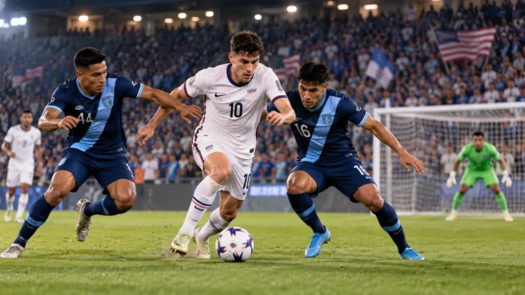 USA vs Guatemala soccer match with an American player attacking against Guatemalan defenders