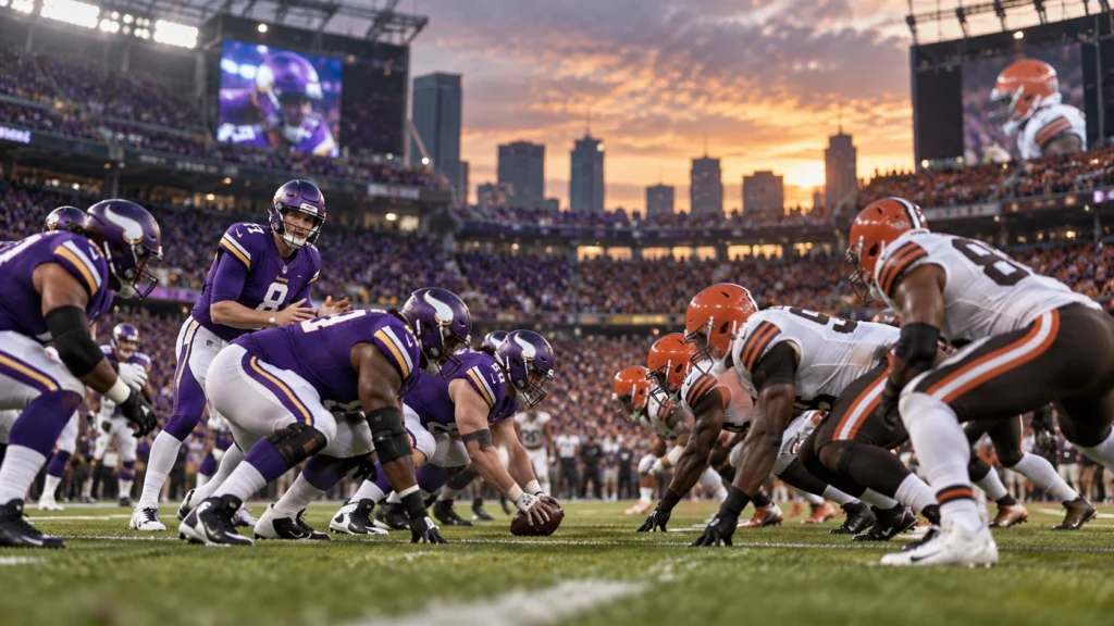 Minnesota Vikings vs Cleveland Browns Minnesota Vikings vs Cleveland Browns football game in a packed stadium