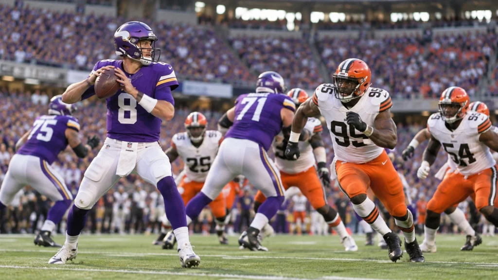 Vikings vs Browns NFL Matchup Vikings vs Browns NFL matchup with quarterback preparing to throw as defenders rush during an intense football game.