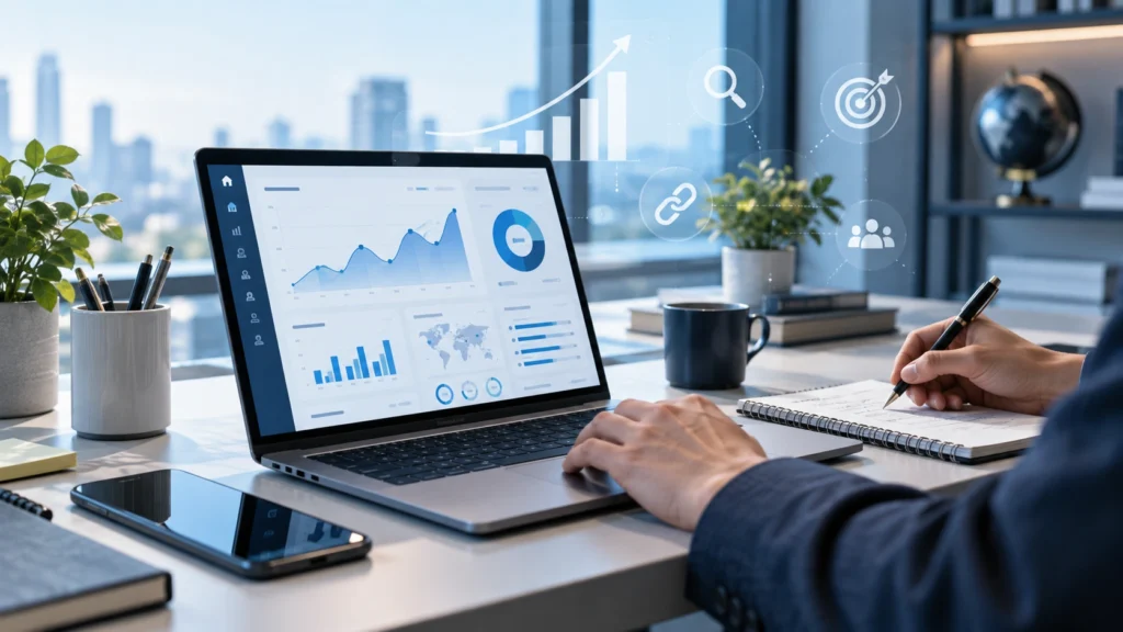 Professional working on website development, SEO, PPC, and social media marketing in a modern office