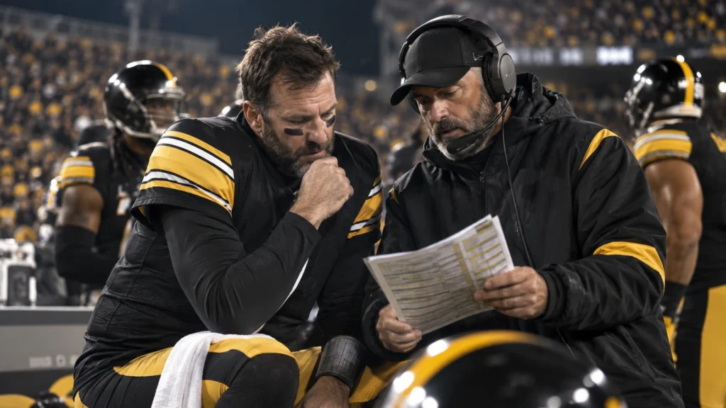 Veteran Pittsburgh quarterback discussing game strategy with his head coach on the sideline during a 2026 football game.
