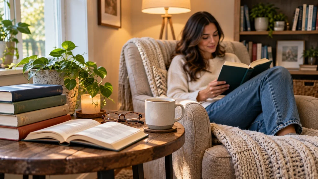 Book lover relaxing with a new book in a cozy modern reading corner with coffee and stacked books.
