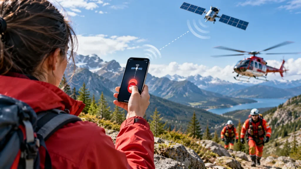Person sending an emergency SOS signal by smartphone in a remote mountain area