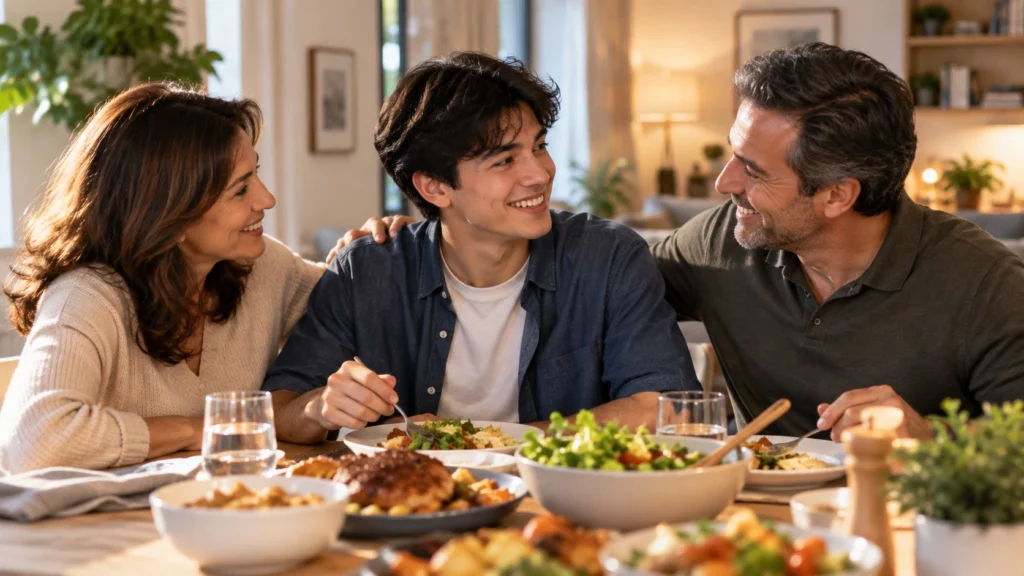National Sons Day 2025 Family Celebration Mother and father celebrating National Sons Day 2025 with their son during a warm family meal at home.