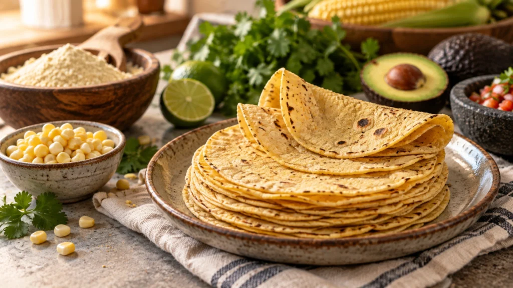 Stack of golden corn tortillas on a ceramic plate with corn, masa harina, lime, cilantro, and avocado.
