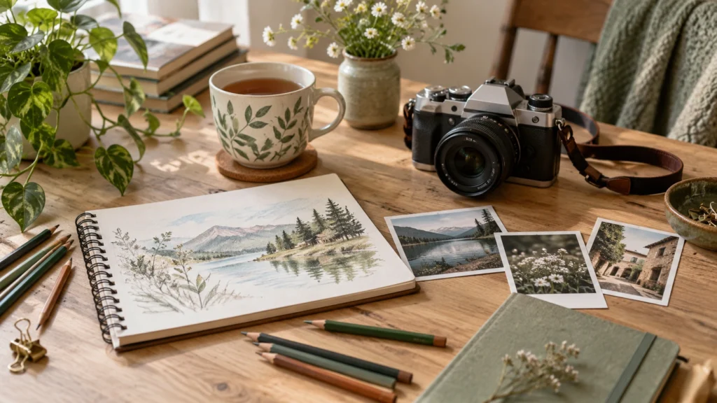 A creative workspace with a sketchbook, colored pencils, camera, printed photographs, and a cup of tea on a wooden table.