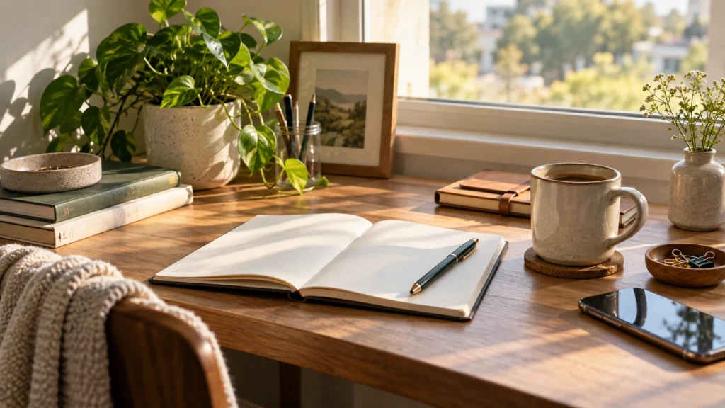 Simple morning routine with an open notebook, coffee mug, and small plant on a wooden desk near a sunlit window.
