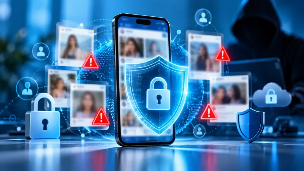 Smartphone protected by a digital privacy shield against misleading leaked content and social media threats