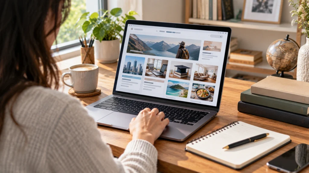 Person browsing a general-interest blog on a laptop at a modern home desk.