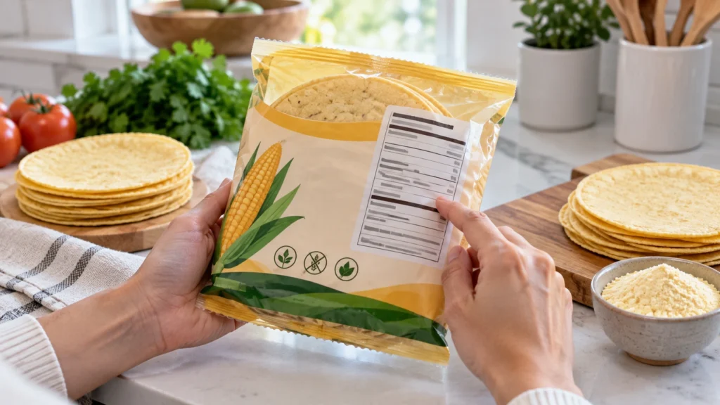 Person checking the ingredient label of a corn tortilla package in a kitchen