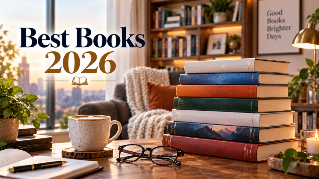 Best Books 2026 with a stack of books in a warm and cozy home reading space