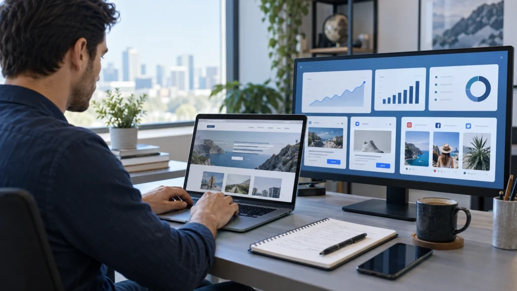 Modern digital marketing workspace with a laptop displaying analytics charts and SEO performance graphs.