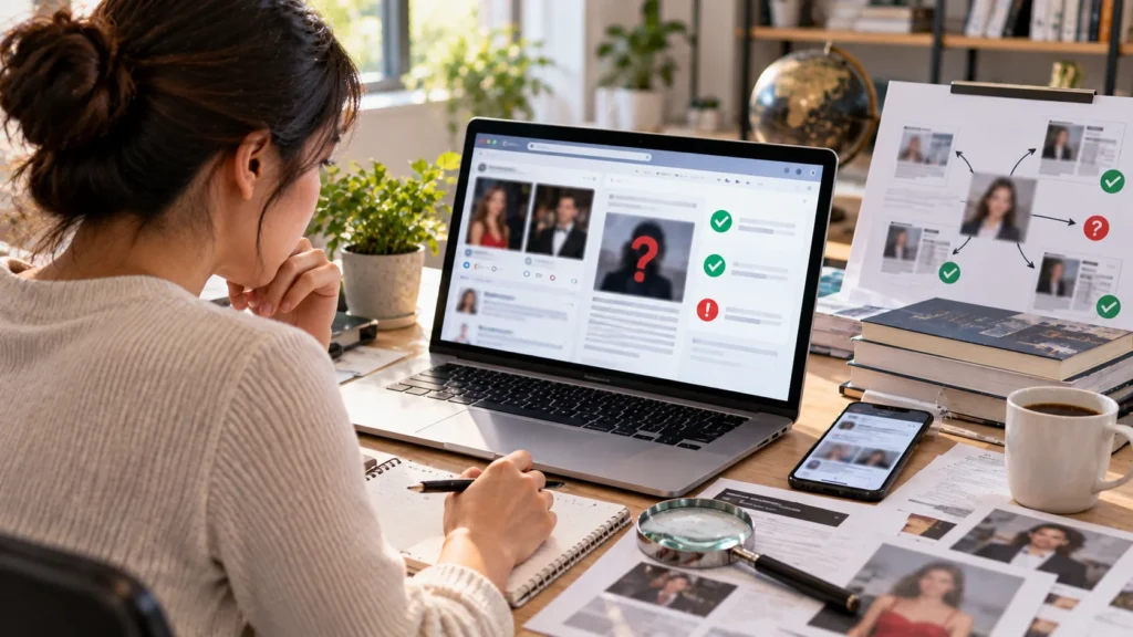 Person fact-checking viral celebrity rumors and verifying online sources on a laptop