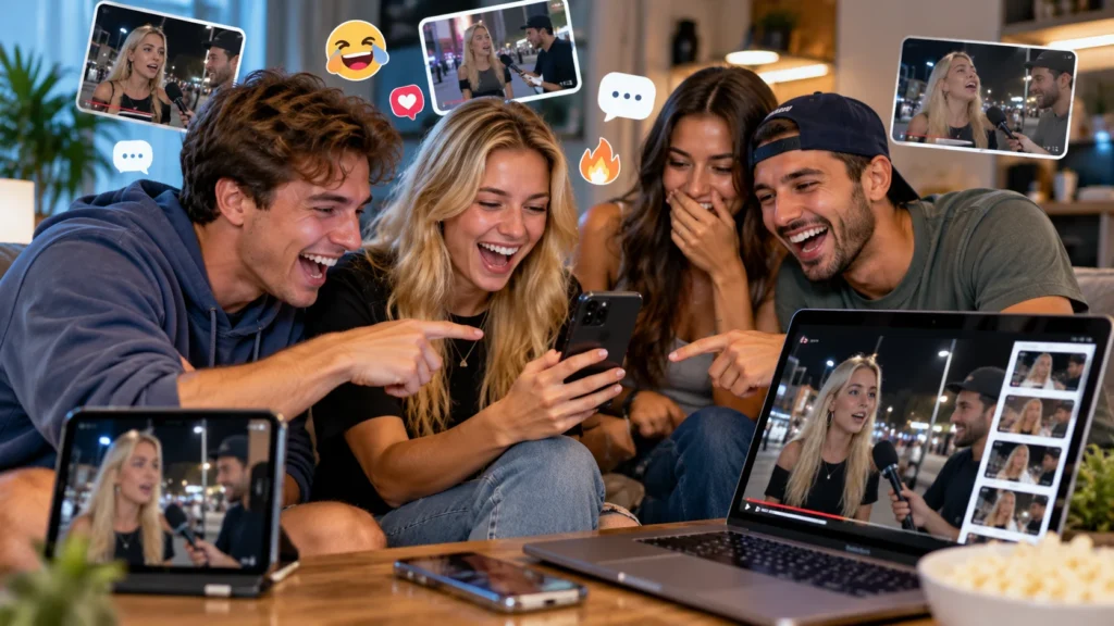 Young adults watching and reacting to the viral Hawk Tuah meme and street interview online
