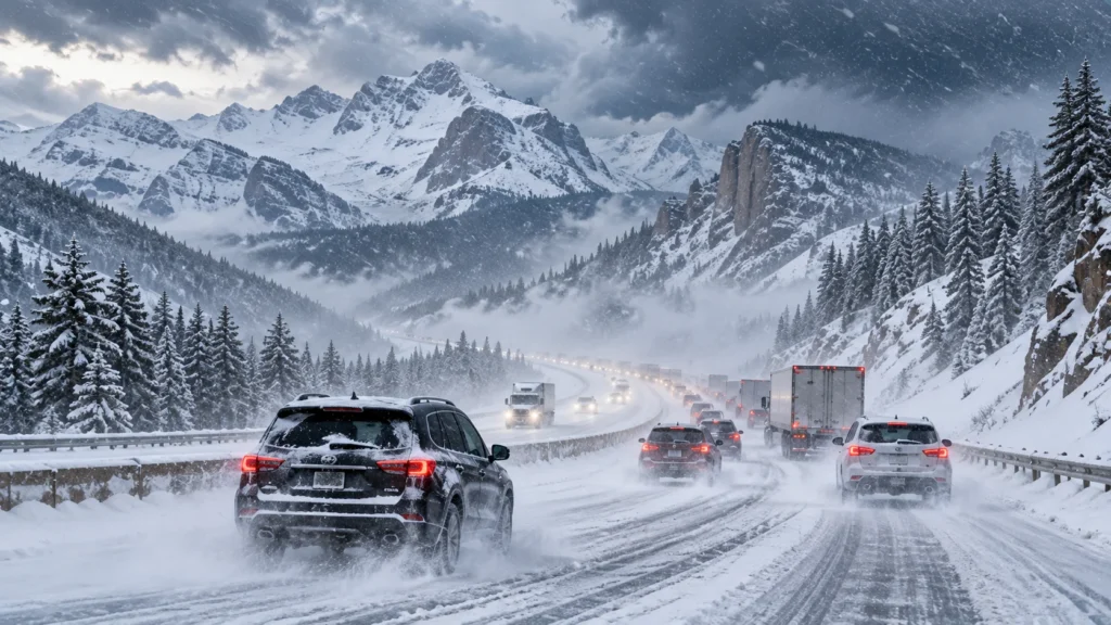 Severe winter storm affecting Colorado Wyoming and Utah with heavy snow on a mountain highway
