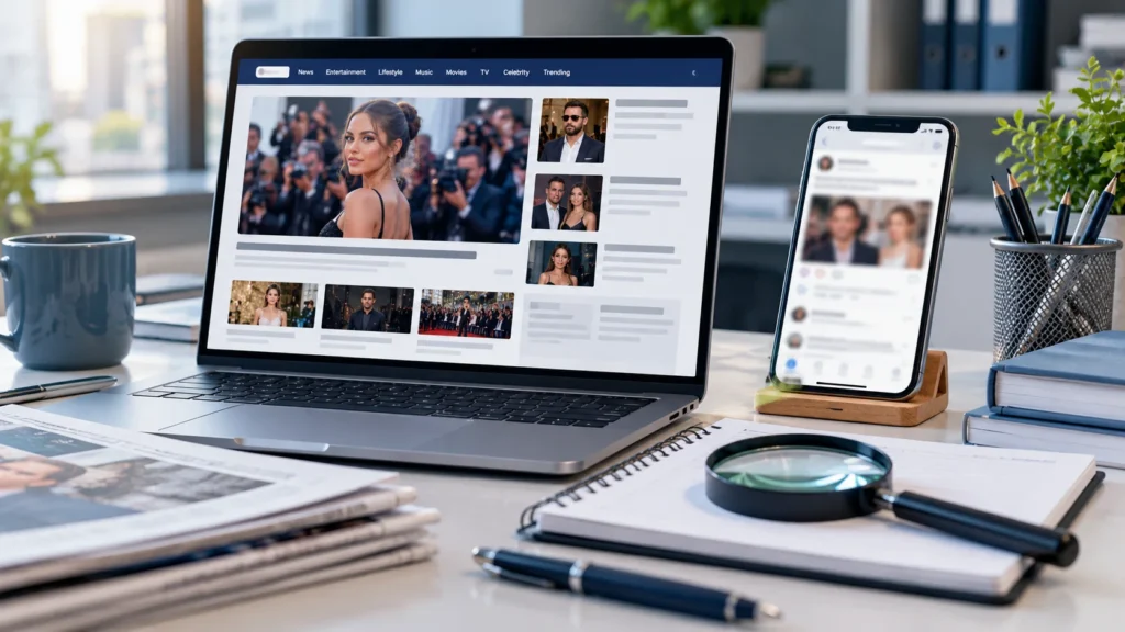 Laptop displaying celebrity news alongside a smartphone with social media posts and a magnifying glass representing online rumour fact-checking.
