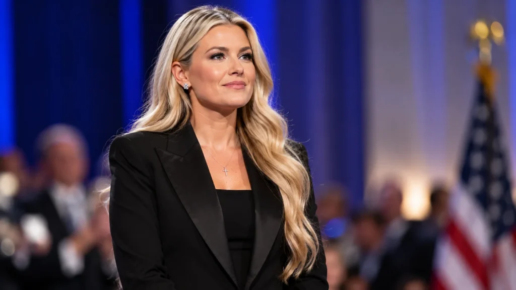 editorial illustration of Erika Kirk wearing black formal attire at a public event