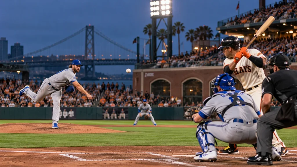 San Francisco Giants vs Los Angeles Dodgers baseball game with Dodgers pitcher throwing a fastball at Oracle Park