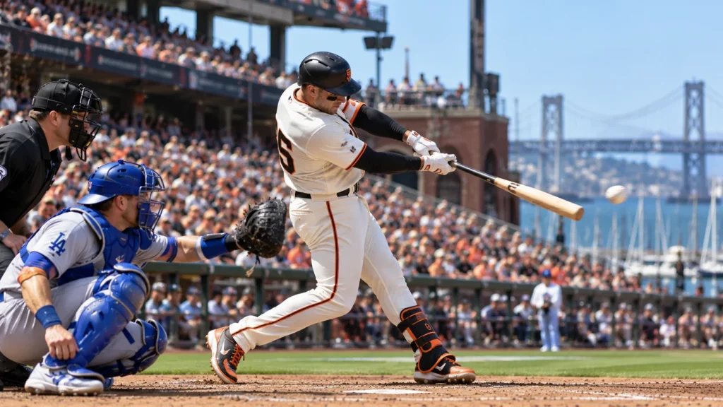 San Francisco Giants batter hitting a baseball against Los Angeles Dodgers catcher at Oracle Park